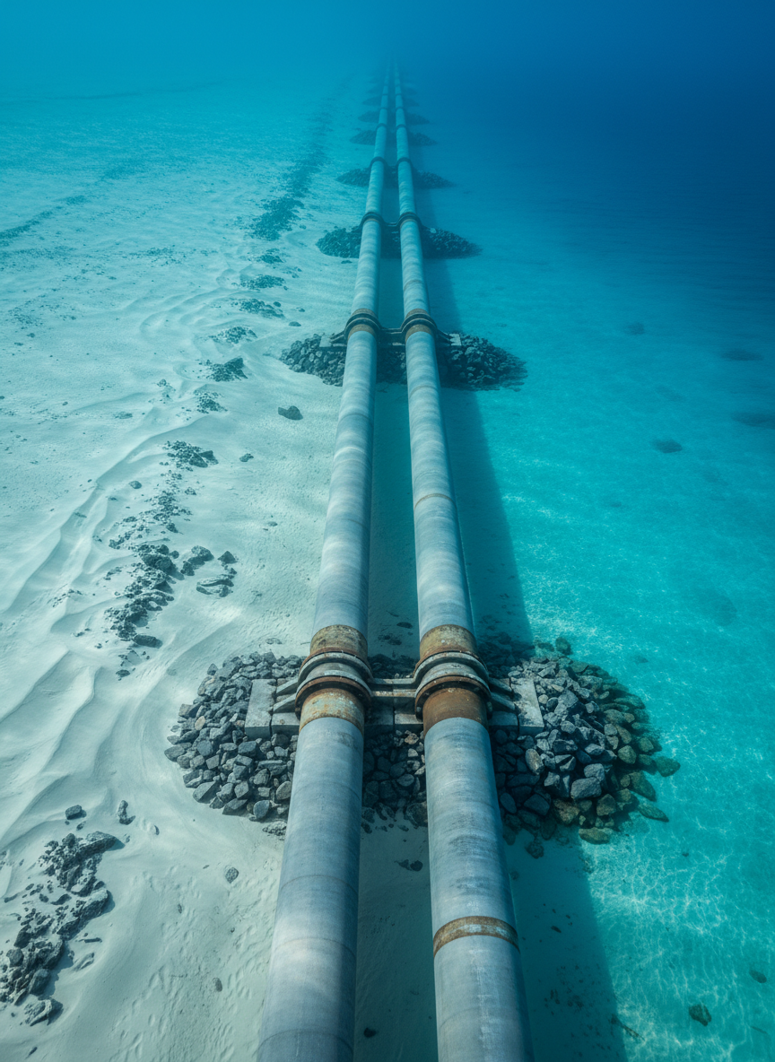 An expansive, photographic view of a subsea pipeline system stretching toward the horizon along a continental shelf, showing multiple parallel lines of coated steel pipelines transitioning from shallow turquoise water to deeper cobalt blue. The seabed features subtle sand waves and occasional rock outcrops, engineered rock dump carefully shaped around crossing points. Soft, diffused daylight from the surface creates a gentle gradient of brightness, with delicate caustic patterns shimmering on the pipes closest to shore. Shot from a wide, cinematic, slightly elevated perspective, with strong linear composition guiding the eye along the pipelines. The atmosphere is controlled and analytical, conveying large-scale engineering optimization and long-distance reliability, with clean, realistic colors and crisp photographic detail.