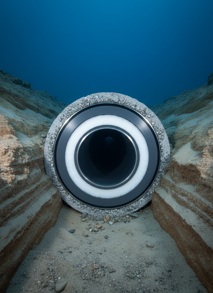 A close-up, photographic realism image of a subsea pipeline cross-section emerging from a trench in the seabed, highlighting layers of engineering detail. The cutaway portion reveals thick steel wall, anti-corrosion coating, thermal insulation, and outer concrete weight coating with exposed aggregate texture. The pipe rests in a carefully profiled trench of compacted sand and gravel, with trench sides showing clear stratification. Cool, diffused underwater light from above creates soft highlights on metallic edges and muted shadows in the trench, accentuating textures. The composition is centered with moderate depth of field, isolating the technical details while the background gradually blurs into deep blue. The mood is precise, technical, and confident, ideal for illustrating sensitivity analysis and design optimization concepts without any human elements.