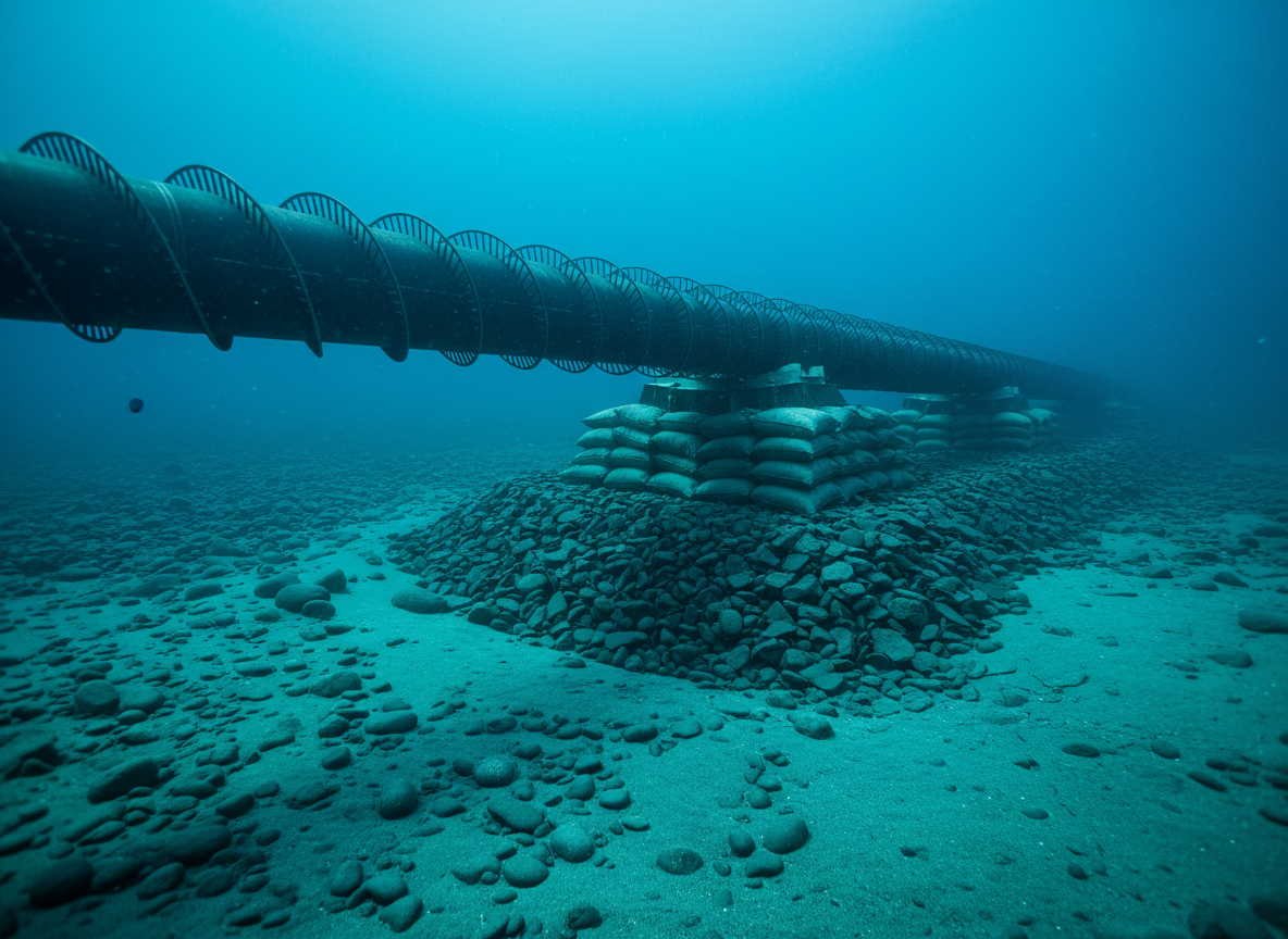 A highly detailed, photographic realism image of a subsea pipeline free-span section crossing a natural seabed depression, supported by carefully placed grout bags and rock dump. The dark, coated pipeline gently arcs above the seabed, with precise VIV strakes integrated along the span, their helical ribs catching soft, filtered underwater light. The surrounding seabed mixes fine sand and scattered cobbles, with engineered rock berm contours clearly defined. Light from the distant sea surface creates a calm, bluish glow, fading into deeper navy tones in the background. Captured from a low, side-on angle, the composition emphasizes the span geometry, support optimization, and flow assurance considerations, projecting a mood of controlled risk management and high-end engineering practice.