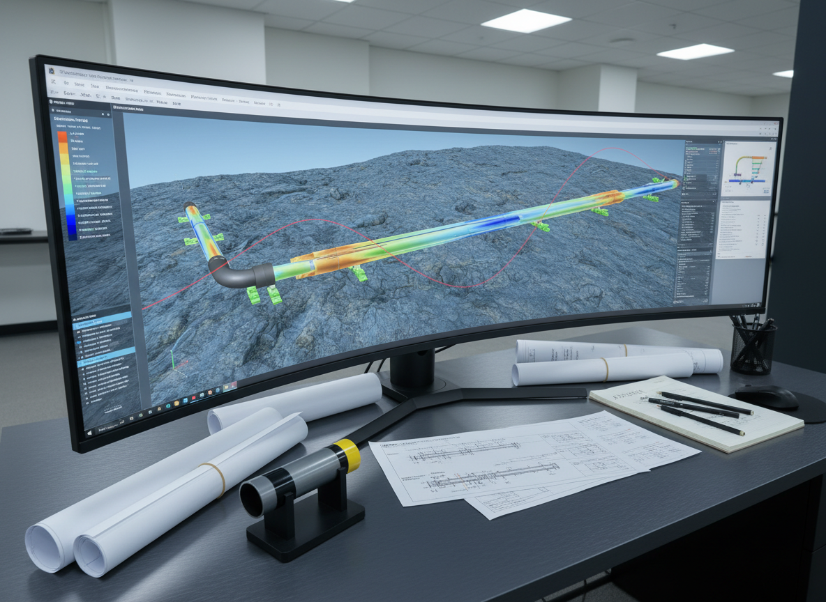 A clean, photographic visualization of an engineering workstation interface displayed on a sleek, dark metal desk, showing a large, ultra-wide monitor filled with a detailed 3D model of a subsea pipeline on a bathymetric seabed. The model shows color-mapped stress contours along the pipe, optimized sleeper positions, and curvature plots, all rendered in precise blues, greens, and amber tones. Surrounding the monitor are technical documents, rolled pipeline alignment sheets, and a small steel pipe sample with visible coating layers, all neatly arranged. Cool, neutral office lighting provides even illumination with soft reflections on the screen and mild shadows around objects. Shot from a slightly elevated angle with sharp focus, the mood is analytical, professional, and methodical, emphasizing sensitivity studies and optimization workflows without any people present.