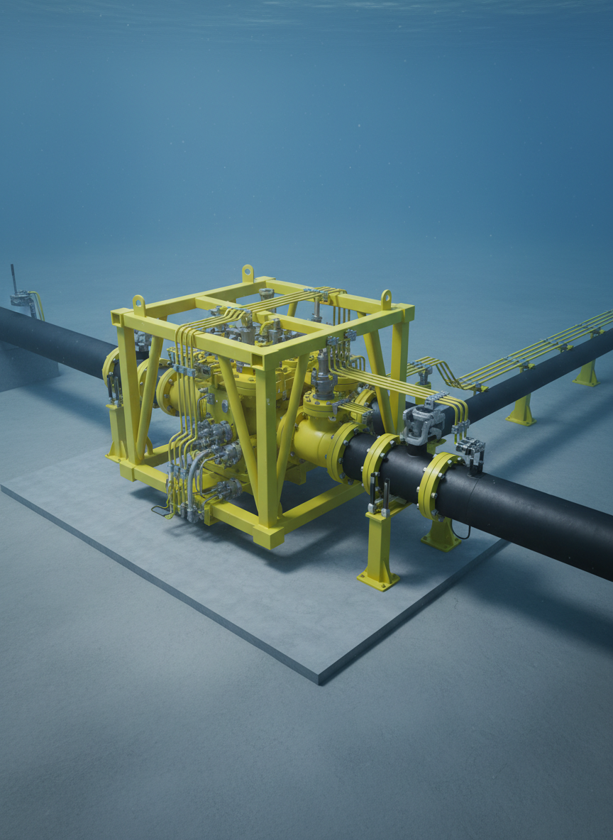 A modern, photographic-style visualization of a subsea control manifold connected to several smaller flowlines and a main export pipeline on a flat, engineered seabed. The bright yellow manifold frame and valve blocks contrast against the muted gray of the concrete mudmat and the dark, matte-coated main pipeline. Umbilicals and jumpers are neatly routed with controlled gentle curves, secured by clamps and supports. Overhead, soft, bluish ambient light filters down uniformly, with subtle specular highlights on metallic surfaces and gentle shadows beneath structural members. Captured from an eye-level, three-quarter view, the composition uses rule of thirds to balance the manifold and the branching pipelines, conveying organized complexity, engineering rigor, and a calm, controlled subsea environment with photorealistic clarity.
