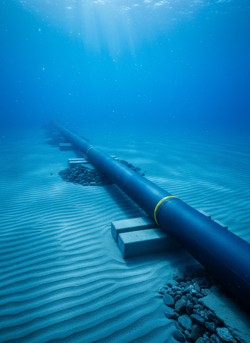A high-resolution, photographic realism image of a robust subsea pipeline resting on a gently sloping seabed of fine, rippled sand. The steel pipeline is coated in matte dark blue corrosion-resistant coating with evenly spaced yellow girth weld markers, supported by concrete mattresses and small rock berms. Clear, deep-ocean water surrounds it, with soft shafts of filtered blue light descending from the surface and fading into a darker gradient in the distance. Tiny suspended particles catch the light, creating a sense of depth. Captured from a slightly elevated, three-quarter angle with sharp focus throughout, the composition emphasizes stability, engineering precision, and calm professionalism, with no marine life or human presence, just the quiet, optimized subsea infrastructure.